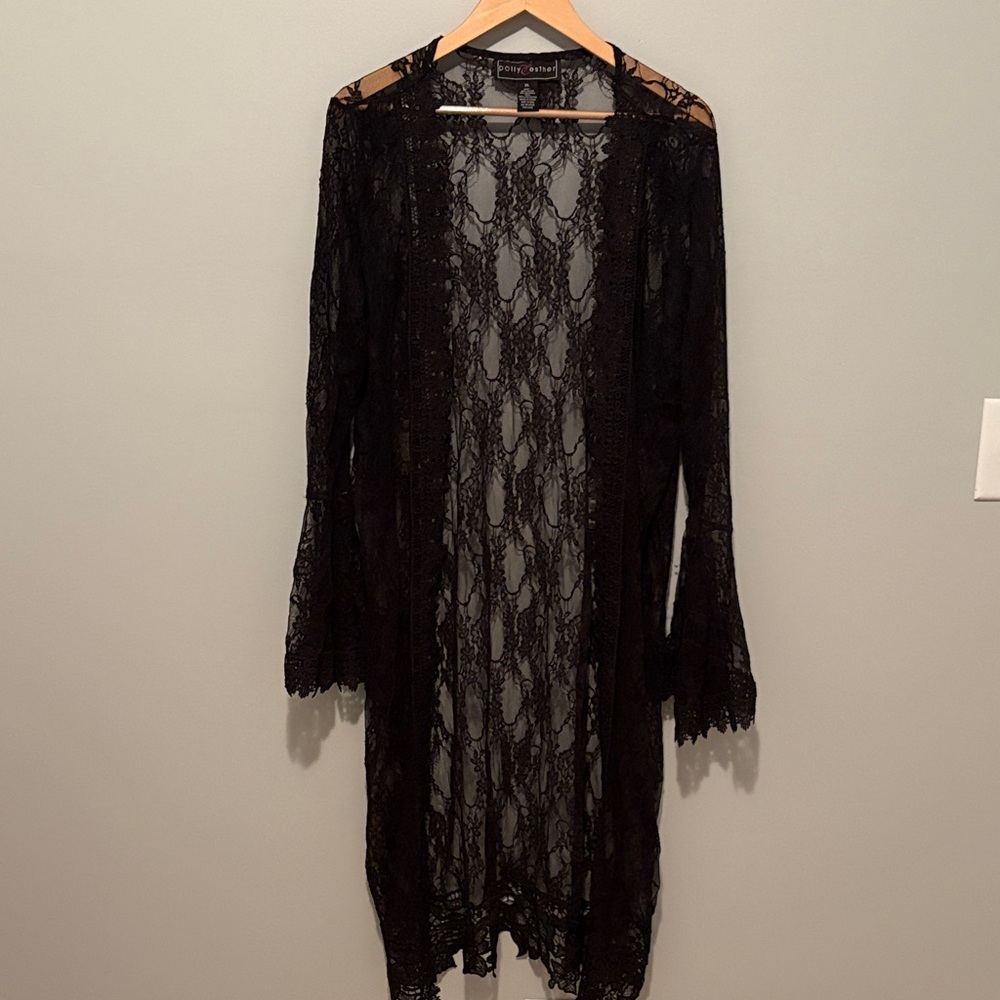 Polly & Esther Black Lace Duster with Ruffled Long Sleeves